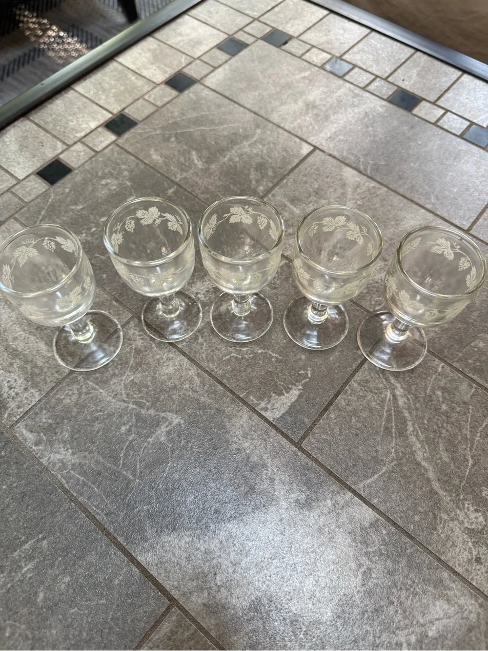 Vintage Glass Etched Grape Cordial Glasses - Set of 5